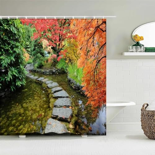 PUOJIEAT Duschvorhang 180x180 Herbstwald, Duschvorhang Anti-schimmel Natürliche Landschaft 3D Duschvorhänge Waschbar für Badezimmer Badewannen mit 12 Ringe 1463-FG von PUOJIEAT