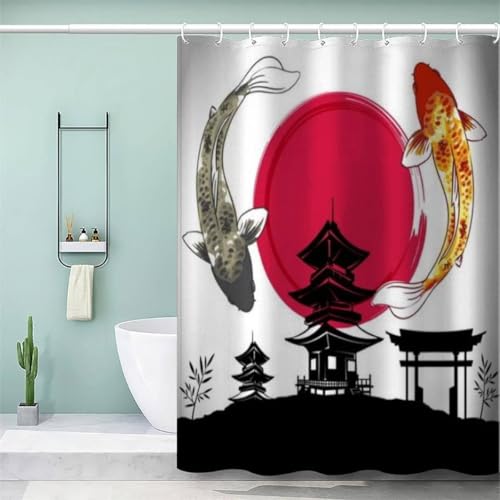 PUOJIEAT Duschvorhang 180x200 Japanisches Thema, Duschvorhang Anti-schimmel Fische 3D Duschvorhänge Waschbar für Badezimmer Badewannen mit 12 Ringe 8385-FG von PUOJIEAT