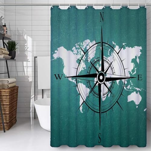 PUOJIEAT Duschvorhang 180x200 Kompass, Duschvorhang Anti-schimmel Navigation 3D Duschvorhänge Waschbar für Badezimmer Badewannen mit 12 Ringe 132-FG von PUOJIEAT
