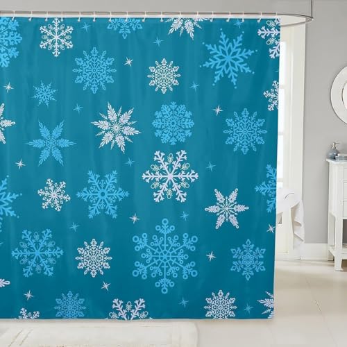 PUOJIEAT Duschvorhang 180x200 Winterschneeflocken, Duschvorhang Anti-schimmel Blau 3D Duschvorhänge Waschbar für Badezimmer Badewannen mit 12 Ringe 276-FG von PUOJIEAT