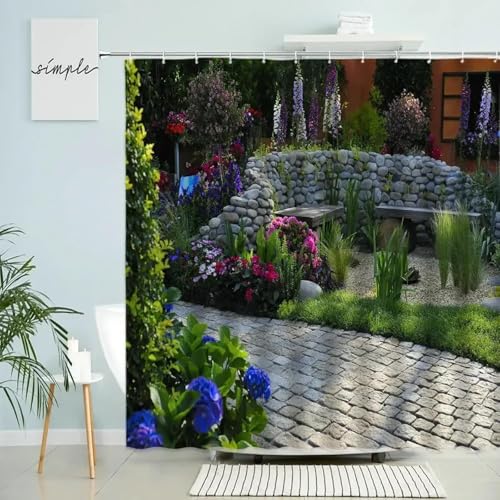 PUOJIEAT Duschvorhang 240x180 Gartenszene, Duschvorhang Anti-schimmel Bauernhaus Auf Dem Land 3D Duschvorhänge Waschbar für Badezimmer Badewannen mit 12 Ringe 484-FG von PUOJIEAT