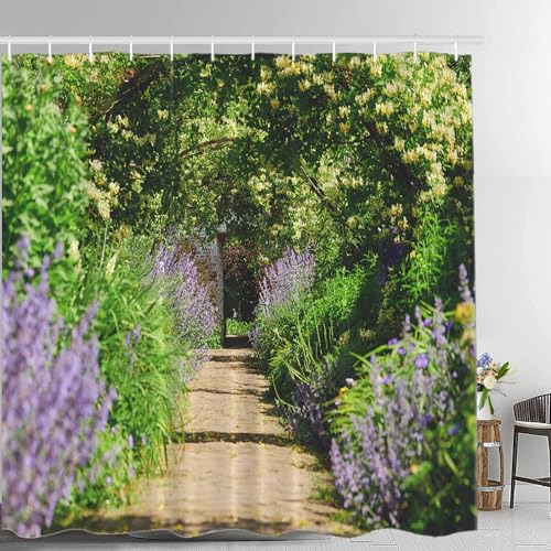 PUOJIEAT Duschvorhang 240x180 Gartenszene, Duschvorhang Anti-schimmel Grüne Pflanzen 3D Duschvorhänge Waschbar für Badezimmer Badewannen mit 12 Ringe 3418-FG von PUOJIEAT