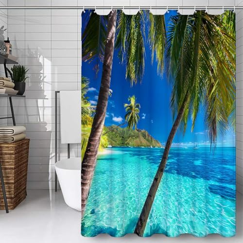 PUOJIEAT Duschvorhang 240x180 Hawaii, Duschvorhang Anti-schimmel Tropischer Meerblick 3D Duschvorhänge Waschbar für Badezimmer Badewannen mit 12 Ringe 394-FG PUOJIEAT Duschvorhang 240x180 Hawaii, Duschvorhang Anti-schimmel Tropischer Meerblick 3D Duschvorhänge Waschbar für Badezimmer Badewannen mit 12 Ringe 394-FG von PUOJIEAT