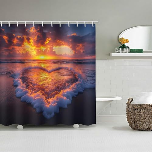PUOJIEAT Duschvorhang 240x180 Meer, Duschvorhang Anti-schimmel Meerblick Bei Sonnenuntergang 3D Duschvorhänge Waschbar für Badezimmer Badewannen mit 12 Ringe 988-FG von PUOJIEAT