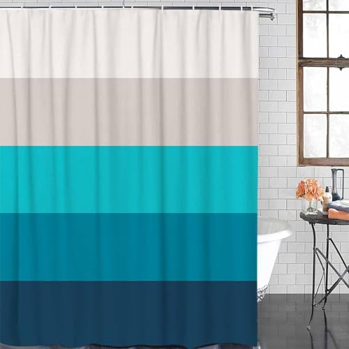 PUOJIEAT Duschvorhang 240x200 Blaue Streifen, Duschvorhang Anti-schimmel Geometrische Streifen 3D Duschvorhänge Waschbar für Badezimmer Badewannen mit 12 Ringe 3428-FG von PUOJIEAT