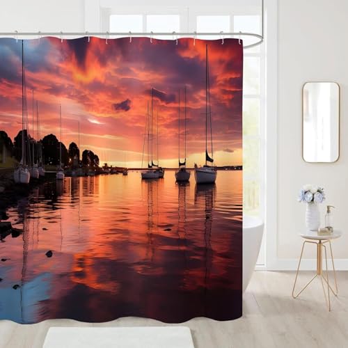 PUOJIEAT Duschvorhang 240x200 Meer, Duschvorhang Anti-schimmel Schiff 3D Duschvorhänge Waschbar für Badezimmer Badewannen mit 12 Ringe 2681-FG von PUOJIEAT