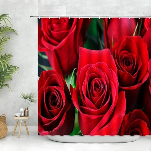 PUOJIEAT Duschvorhang 240x200 Rote Rose, Duschvorhang Anti-schimmel Gartenszene 3D Duschvorhänge Waschbar für Badezimmer Badewannen mit 12 Ringe 2699-FG von PUOJIEAT