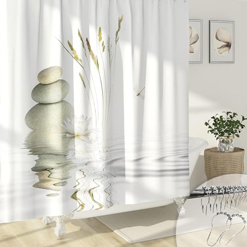 PUOJIEAT Duschvorhang 240x200 Spa, Duschvorhang Anti-schimmel Kieselsteine 3D Duschvorhänge Waschbar für Badezimmer Badewannen mit 12 Ringe 8189-FG von PUOJIEAT