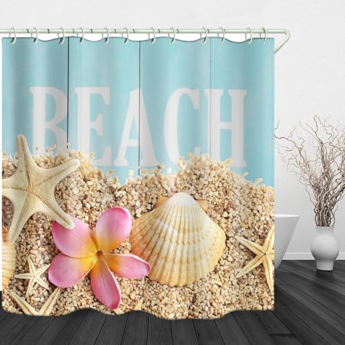 PUOJIEAT Duschvorhang 240x200 Strand, Duschvorhang Anti-schimmel Seesternschalen 3D Duschvorhänge Waschbar für Badezimmer Badewannen mit 12 Ringe 17-FG von PUOJIEAT