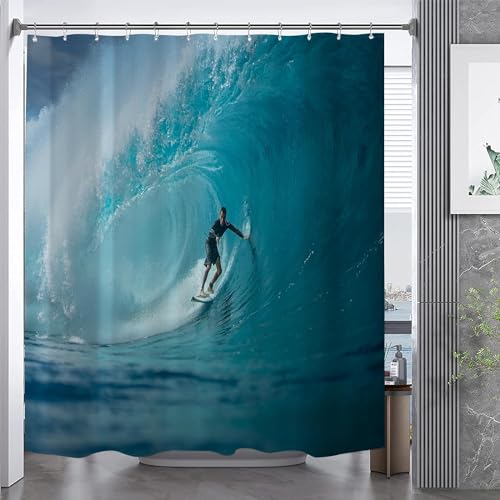 PUOJIEAT Duschvorhang 240x200 Surfen, Duschvorhang Anti-schimmel Wellen 3D Duschvorhänge Waschbar für Badezimmer Badewannen mit 12 Ringe 3068-FG von PUOJIEAT