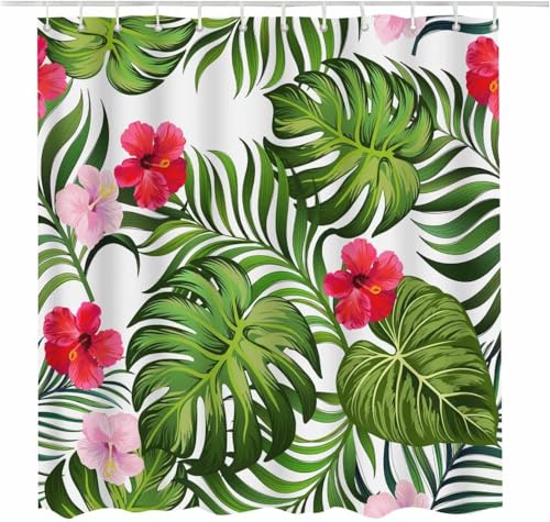 PUOJIEAT Duschvorhang 300x200 Monstera, Duschvorhang Anti-schimmel Tropische Blumen 3D Duschvorhänge Waschbar für Badezimmer Badewannen mit 12 Ringe 963-FG von PUOJIEAT