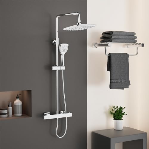 PURAGEIR Duscharmatur Komplettset,Duschsystem mit Thermostat,Regendusche mit Armatur Kopfbrause 22CM*22CM,Regendusche mit 3 Funktionen Handbrause von PURAGEIR