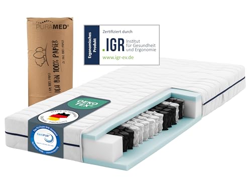 PURAMED Taschenfederkernmatratze 200x200 cm | Härtegrad H3 | Höhe 20 cm | ergonomische 7-Zonen Matratze | waschbarer Mikrofaser-Bezug | Oeko-TEX® & CertiPUR Zertifiziert | produziert in Deutschland von PURAMED