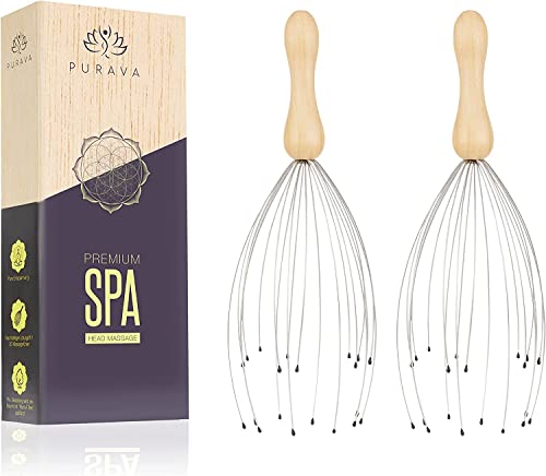 PURAVA [Das Original] Holz Kopfmassagegerät mit verbessertem Konzept - Edler Kopfkrauler mit 20 Fingern und Griff aus Holz - Premium Kopfmassage Spinne - Geschenk geeigneter Kopf Kratzer - 2er Pack von PURAVA