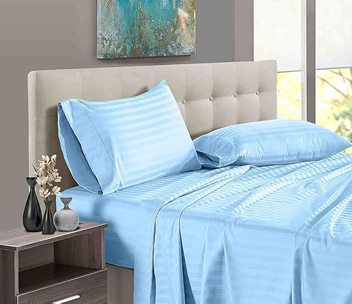 Pure Dreams 4-teiliges Bettwäsche-Set, 100 % ägyptische Baumwolle, 1 Spannbetttuch, 30 cm tiefe Tasche und 2 Kissenbezüge, Fadenzahl 400, Hellblau gestreift, Doppelbett Pure Dreams 4-teiliges Bettwäsche-Set, 100 % ägyptische Baumwolle, 1 Spannbetttuch, 30 cm tiefe Tasche und 2 Kissenbezüge, Fadenzahl 400, Hellblau gestreift, Doppelbett von PURE DREAMS BEDDING