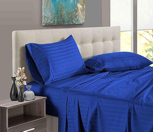 Pure Dreams 4-teiliges Bettwäsche-Set, 100 % ägyptische Baumwolle, 1 Spannbetttuch, 32 cm tiefe Tasche und 2 Kissenbezüge, Fadenzahl 400, Königsblau gestreift, Kingsize-Bett von PURE DREAMS BEDDING