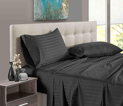 Pure Dreams 4-teiliges Bettwäsche-Set, 100 % ägyptische Baumwolle, 1 Spannbetttuch, 32 cm tiefe Tasche und 2 Kissenbezüge, Fadenzahl 400, dunkelgrau gestreift, Super-Kingsize-Bett von PURE DREAMS BEDDING