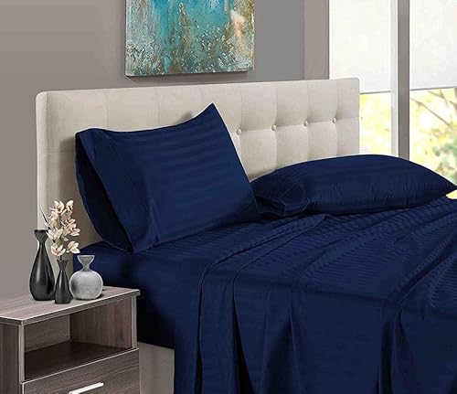 Pure Dreams 4-teiliges Bettwäsche-Set aus 100 % ägyptischer Baumwolle, 1 Bettlaken, 1 Spannbetttuch mit 32 cm tiefer Tasche und 2 Kissenbezügen, Fadenzahl 400, marineblau gestreift, Doppelbett Pure Dreams 4-teiliges Bettwäsche-Set aus 100 % ägyptischer Baumwolle, 1 Bettlaken, 1 Spannbetttuch mit 32 cm tiefer Tasche und 2 Kissenbezügen, Fadenzahl 400, marineblau gestreift, Doppelbett von PURE DREAMS BEDDING