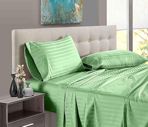 Pure Dreams 4-teiliges Bettwäsche-Set aus 100 % ägyptischer Baumwolle, 1 Bettlaken, 1 Spannbetttuch mit 35 cm tiefer Tasche und 2 Kissenbezügen, Fadenzahl 400, Salbeigrün gestreift, Kingsize-Bett von PURE DREAMS BEDDING