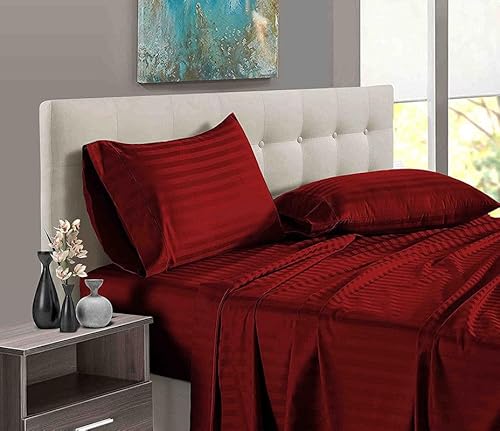 Pure Dreams 4-teiliges Bettwäsche-Set aus 100 % ägyptischer Baumwolle, 1 Bettlaken, 1 Spannbetttuch mit 40 cm tiefer Tasche und 2 Kissenbezügen, Fadenzahl 400, Burgunderrot, gestreift, Doppelbett Pure Dreams 4-teiliges Bettwäsche-Set aus 100 % ägyptischer Baumwolle, 1 Bettlaken, 1 Spannbetttuch mit 40 cm tiefer Tasche und 2 Kissenbezügen, Fadenzahl 400, Burgunderrot, gestreift, Doppelbett von PURE DREAMS BEDDING