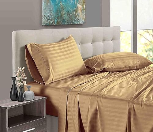 Pure Dreams 4-teiliges Bettwäsche-Set aus 100 % ägyptischer Baumwolle, 1 Bettlaken, 1 Spannbetttuch mit 45 cm tiefer Tasche und 2 Kissenbezügen, Fadenzahl 400, Taupe gestreift, Doppelbett Pure Dreams 4-teiliges Bettwäsche-Set aus 100 % ägyptischer Baumwolle, 1 Bettlaken, 1 Spannbetttuch mit 45 cm tiefer Tasche und 2 Kissenbezügen, Fadenzahl 400, Taupe gestreift, Doppelbett von PURE DREAMS BEDDING