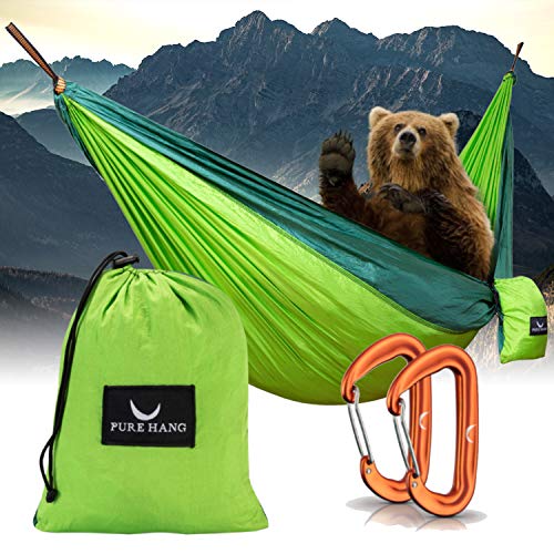 PURE HANG Premium Camping Hängematte Outdoor 2 Personen aus Nylon Fallschirmseide für Reise, Travel, Garten mit Befestigung Aufhänge Set | 300kg Belastung (Naturgrün) von PURE HANG