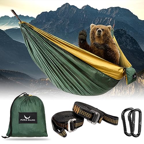 PURE HANG Premium Camping Hängematte Outdoor 2 Personen aus Nylon Fallschirmseide für Reise, Travel, Garten mit Befestigung Aufhänge Set | 300kg Belastung (Dunkelgrün) von PURE HANG