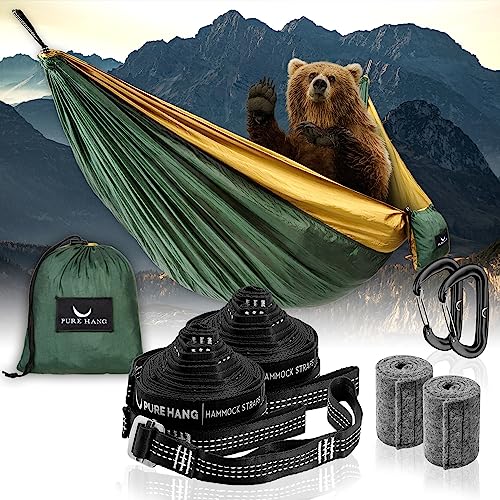 PURE HANG Premium Camping Hängematte Outdoor 2 Personen aus Nylon Fallschirmseide für Reise, Travel, Garten mit Befestigung Aufhänge Set | 300kg Belastung (Dunkelgrün) von PURE HANG