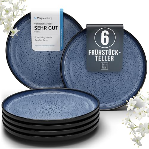 Steingut Frühstücksteller 6 Personen Ibiza TESTSIEGER, Traumhaftes Mediterranes Steingut Dessertteller Set, Kleine Teller, Salatteller - Pure Living in Tiefblau von PURE LIVING INTERIOR DESIGN