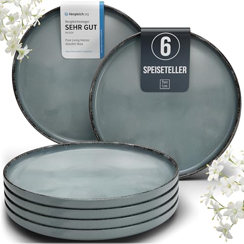 Steingut Teller Groß 6 Personen Rustic TESTSIEGER, Hochwertiges Landhaussttil Steingut Speiseteller Set, Stylisches Essteller Set, Pure Living in Rauchblau von PURE LIVING INTERIOR DESIGN