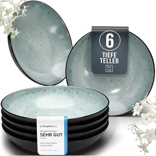 Steingut Suppenteller 6 Personen Ibiza TESTSIEGER, Hochwertiges Mediterranes Steingut Tiefe Teller Set, Pasta Teller Tief Groß - Pure Living in Salbeigrün von PURE LIVING INTERIOR DESIGN