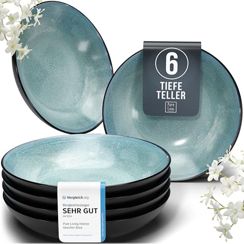 Steingut Suppenteller 6 Personen Ibiza TESTSIEGER, Hochwertiges Mediterranes Steingut Tiefe Teller Set, Pasta Teller Tief Groß - Pure Living in Petrol von PURE LIVING INTERIOR DESIGN