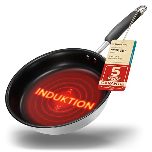 Bratpfanne 24 cm Induktion mit TEST SEHR GUT und 5 JAHREN GARANTIE - Antihaft Beschichtete Pfanne 24 cm Induktion - Induktionspfanne Spülmaschinen- und Ofenfest - Pfanne Induktion 24cm - Pfannen von PURE LIVING INTERIOR DESIGN