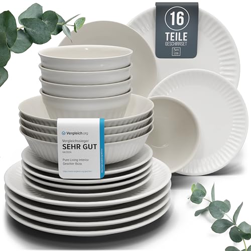 Steingut Geschirrset 4 Personen Hygge 16 tlg. TESTSIEGER, Traumhaftes Skandinavisches Steingut Geschirr Set, Schüssel- und Teller Set, Tafelservice 4 Personen, Geschirrsets Pure Living in Hellgrau von PURE LIVING INTERIOR DESIGN