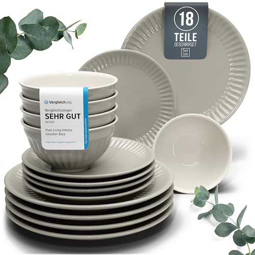 Steingut Geschirrset 6 Personen Hygge 18 tlg. TESTSIEGER, Traumhaftes Skandinavisches Steingut Geschirr Set, Schüssel- und Teller Set, Tafelservice 6 Personen, Geschirrsets Pure Living in Hellbraun von PURE LIVING INTERIOR DESIGN