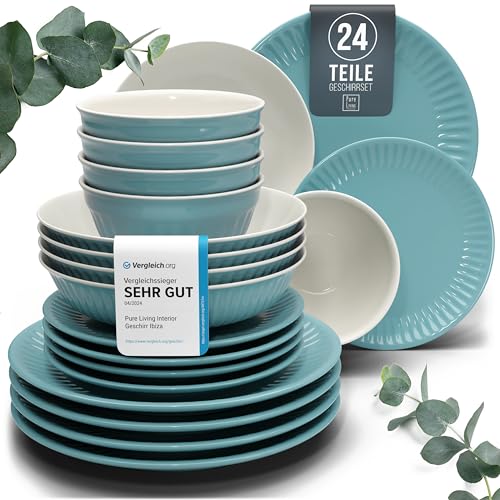 Steingut Geschirrset 6 Personen Hygge 24 tlg. TESTSIEGER, Traumhaftes Skandinavisches Steingut Geschirr Set, Schüssel- und Teller Set, Tafelservice 6 Personen, Geschirrsets Pure Living in Petrol von PURE LIVING INTERIOR DESIGN