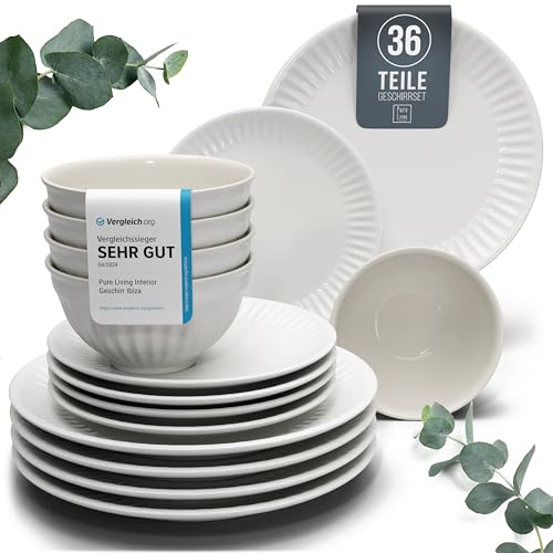 Steingut Geschirrset 12 Personen Hygge 36 tlg. TESTSIEGER, Traumhaftes Skandinavisches Steingut Geschirr Set, Schüssel- und Teller Set, Tafelservice 12 Personen, Geschirrsets Pure Living in Hellgrau von PURE LIVING INTERIOR DESIGN