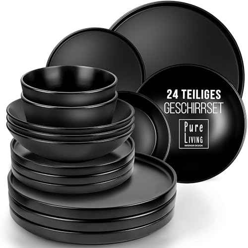 Steingut Geschirrset 6 Pers. Manhattan 24-tlg Hochwertiges Urban Style TEST SEHR GUT Steingut Geschirr Set - Schüssel- und Teller Set - Tafelservice 6 Personen Geschirrsets Pure Living in matt schwarz von PURE LIVING INTERIOR DESIGN