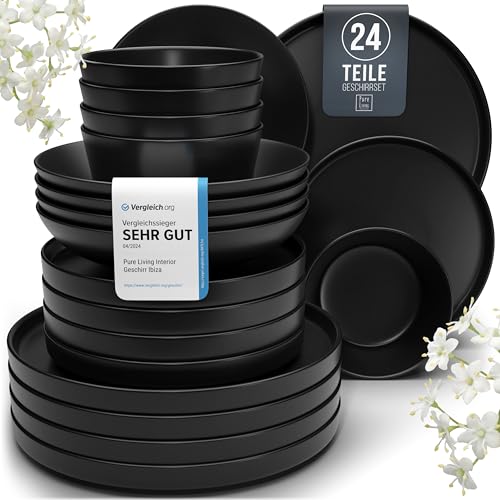 Steingut Geschirrset 6 Pers. Manhattan 24-tlg Hochwertiges Urban Style TEST SEHR GUT Steingut Geschirr Set - Schüssel- und Teller Set - Tafelservice 6 Personen Geschirrsets Pure Living in matt schwarz von PURE LIVING INTERIOR DESIGN