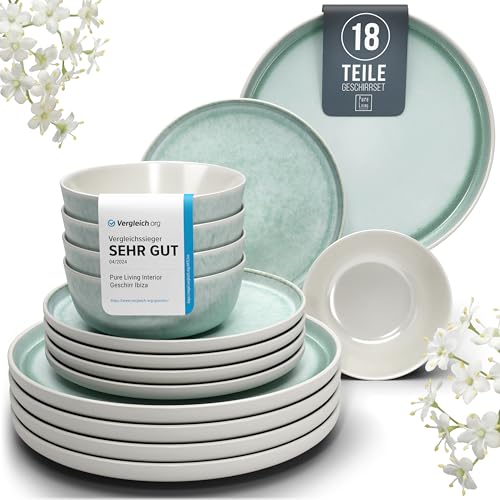 Steingut Geschirrset 6 Pers. Ibiza 18-tlg Hochwertiges Mediterranes TEST SEHR GUT Steingut Geschirr Set - Schüssel- und Teller Set - Tafelservice 6 Personen Geschirrsets Pure Living in Türkis von PURE LIVING INTERIOR DESIGN