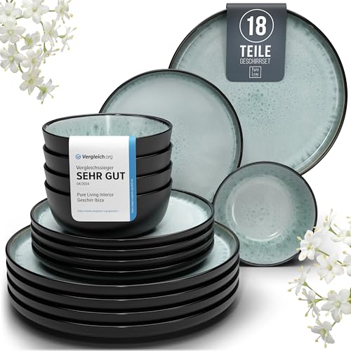 Steingut Geschirrset 6 Pers. Ibiza 18-tlg Hochwertiges Mediterranes TEST SEHR GUT Steingut Geschirr Set - Schüssel- und Teller Set - Tafelservice 6 Personen Geschirrsets Pure Living in Salbeigrün von PURE LIVING INTERIOR DESIGN