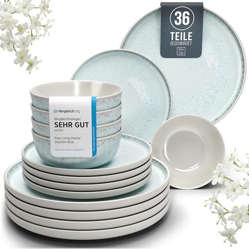 Steingut Geschirrset 12 Pers. Ibiza 36-tlg Hochwertiges Mediterranes TEST SEHR GUT Steingut Geschirr Set - Schüssel- und Teller Set - Tafelservice 12 Personen Geschirrsets Pure Living in Blau-Beige von PURE LIVING INTERIOR DESIGN