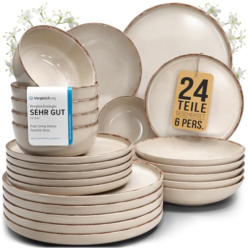 Steingut Geschirrset 6 Pers. Rustic 24-tlg Hochwertiges Landhausstil TEST SEHR GUT Steingut Geschirr Set - Schüssel- und Teller Set - Tafelservice 6 Personen Geschirrsets Pure Living in beige von PURE LIVING INTERIOR DESIGN
