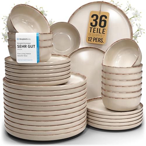 Steingut Geschirrset 12 Personen Rustic 36-tlg. - Rustikales Design Geschirr Set, Spülmaschinenfest - Schüssel- und Teller Set - Pure Living Essgeschirr in Beige von PURE LIVING INTERIOR DESIGN