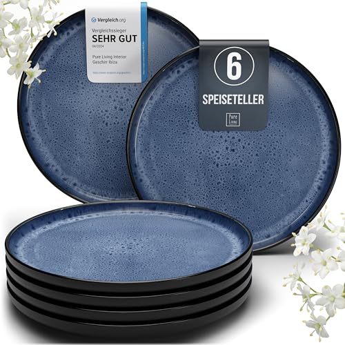 Steingut Teller Groß 6 Personen Ibiza TESTSIEGER, Hochwertiges Mediterranes Steingut Speiseteller Set, Stylisches Essteller Set, Pure Living in Tiefblau von PURE LIVING INTERIOR DESIGN