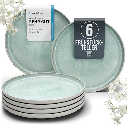 Steingut Frühstücksteller 6 Personen Ibiza TESTSIEGER, Traumhaftes Mediterranes Steingut Dessertteller Set, Kleine Teller, Salatteller - Pure Living in Türkis von PURE LIVING INTERIOR DESIGN