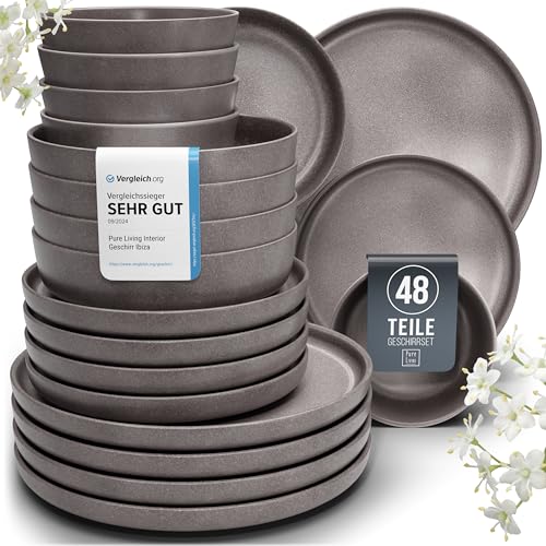 Steingut Geschirrset 12 Pers. 48-tlg Hochwertiges Urban Style TEST SEHR GUT Steingut Geschirr Set - Schüssel- und Teller Set - Tafelservice 12 Personen Geschirrsets Pure Living in matt Grau-braun von PURE LIVING INTERIOR DESIGN