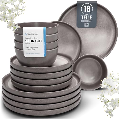 Steingut Geschirrset 6 Pers. 18-tlg Hochwertiges Urban Style TEST SEHR GUT Steingut Geschirr Set - Schüssel- und Teller Set - Tafelservice 6 Personen Geschirrsets Pure Living in matt Grau-braun von PURE LIVING INTERIOR DESIGN