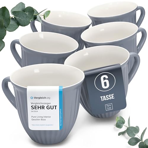 Steingut Kaffeetassen 6 Personen Hygge TESTSIEGER, Traumhaftes Skandinavisches Steingut Tassen Set, Stylisches Tee- und Kaffeebecher Set, Pure Living in Graublau von PURE LIVING INTERIOR DESIGN