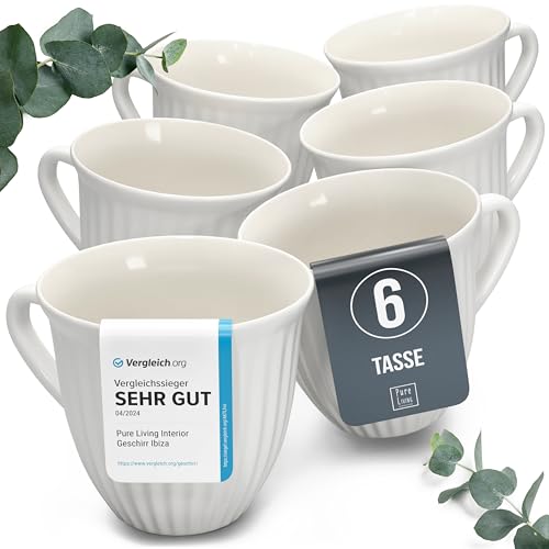 Steingut Kaffeetassen 6 Personen Hygge TESTSIEGER, Traumhaftes Skandinavisches Steingut Tassen Set, Stylisches Tee- und Kaffeebecher Set, Pure Living in Hellgrau von PURE LIVING INTERIOR DESIGN